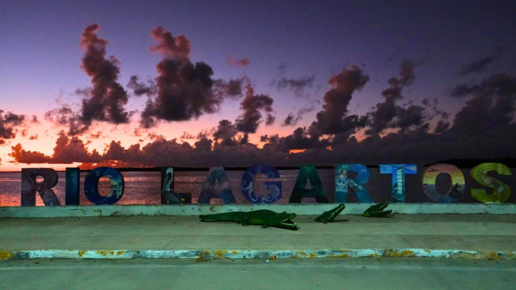 a sign with alligators on the side of itCambio climático y humanos, principales amenazas del Flamenco Rosado del Caribe que anida en Yucatán. Foto: Paola Chiomante