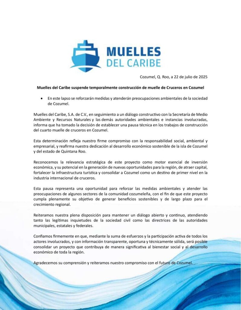 De manera temporal se suspende la construcción del Cuarto Muelle de Cozumel.
