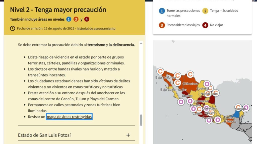 Por riesgos de terrorismo y delincuencia, Estados Unidos ubica a Quintana Roo en su advertencia de viaje en nivel 2. Imagen: Departamento de Estados Unidos