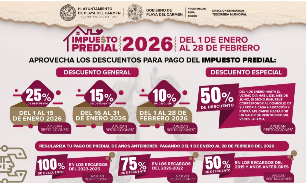 Aprovecha el descuento del predial 2026 en Playa del Carmen antes del 15 de enero.