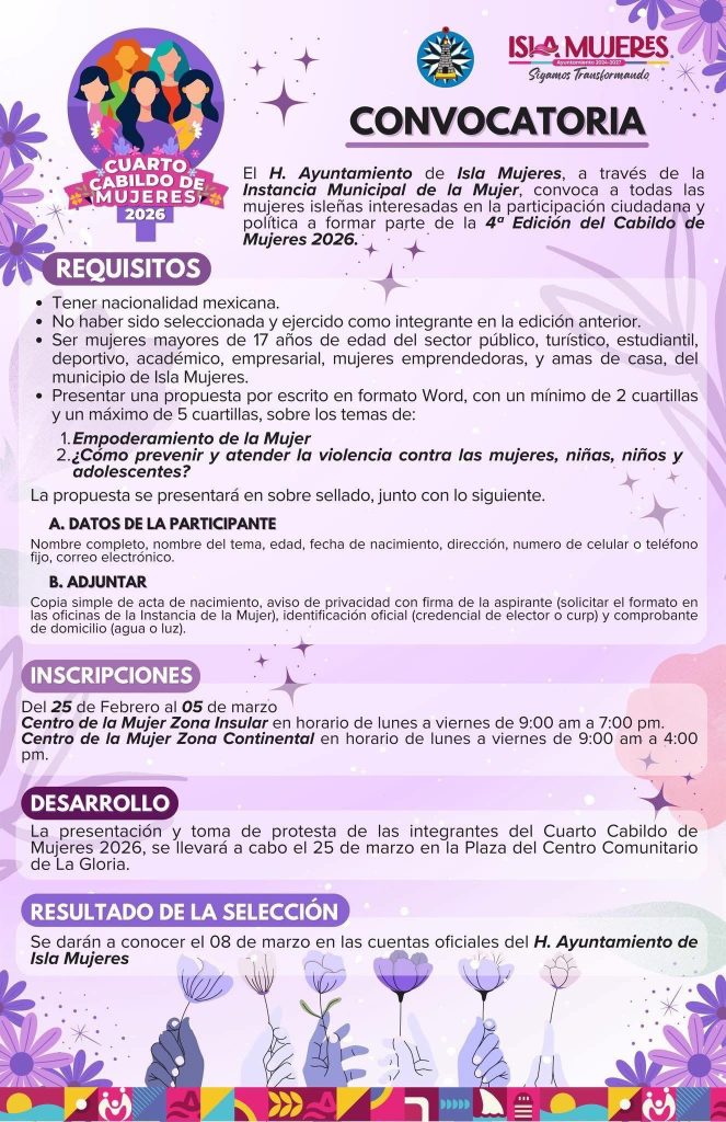 Convocatoria Cuarto Cabildo de Mujeres 2026 en Isla Mujeres
