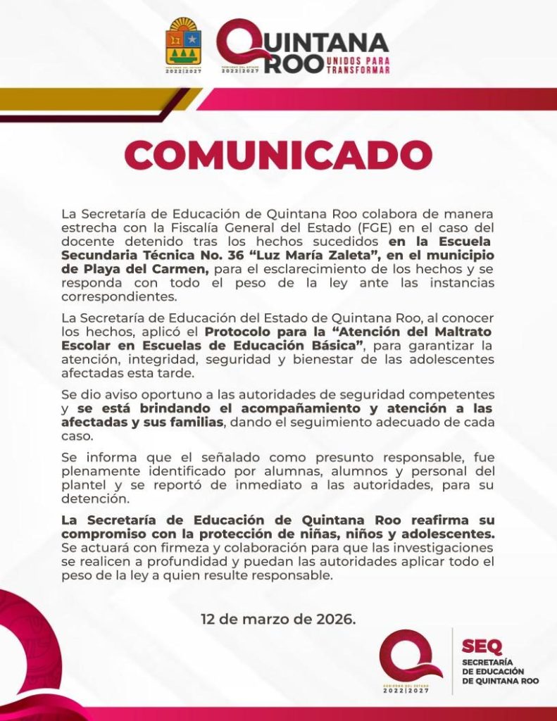 Padres de familia exigen justicia tras la intoxicación de alumnas de la secundaria técnica 36 en Playa del Carmen.