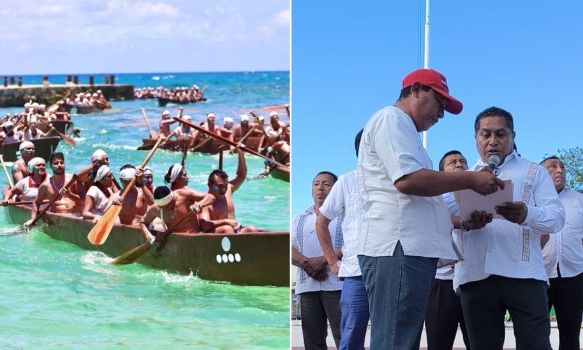 Simón Caamal Coh, presidente del Gran Consejo Maya, acompañó a canoeros en la manifestación pacífica realizada en la plaza "28 de Julio" de Playa del Carmen.
