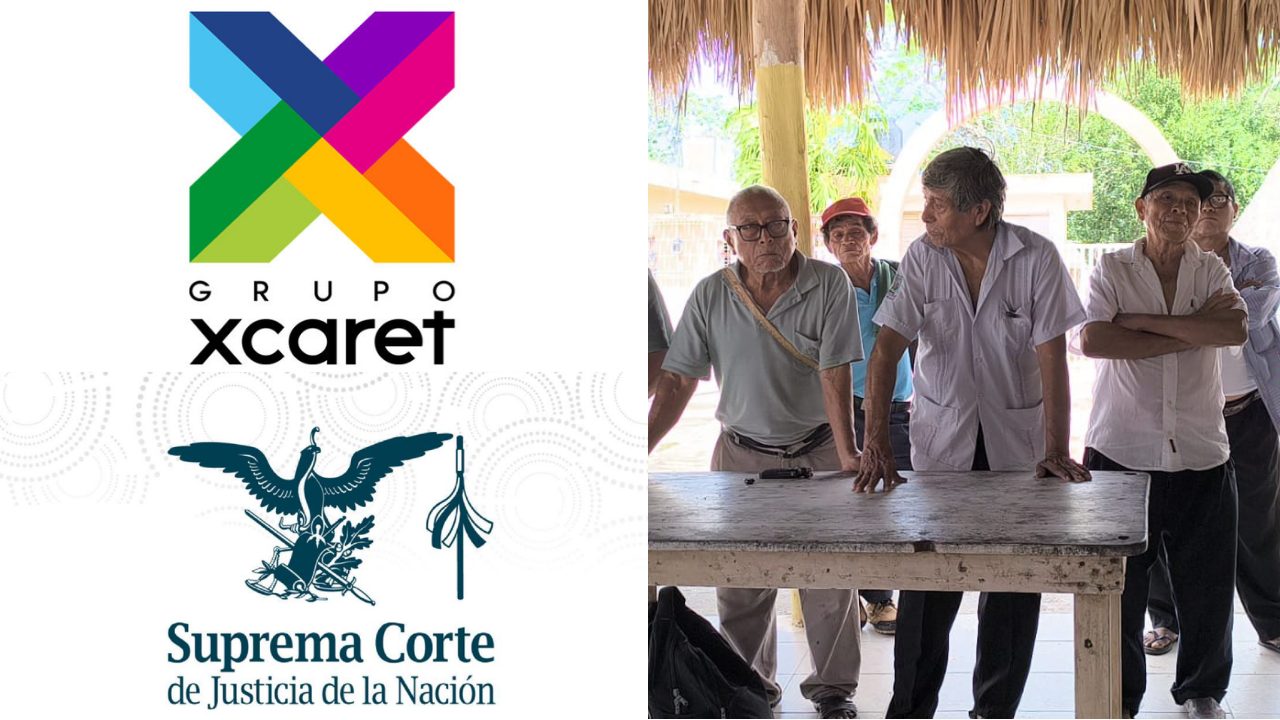 Dignatarios mayas en conferencia de prensa sobre el fallo SCJN contra Xcaret y el uso de su patrimonio cultural.