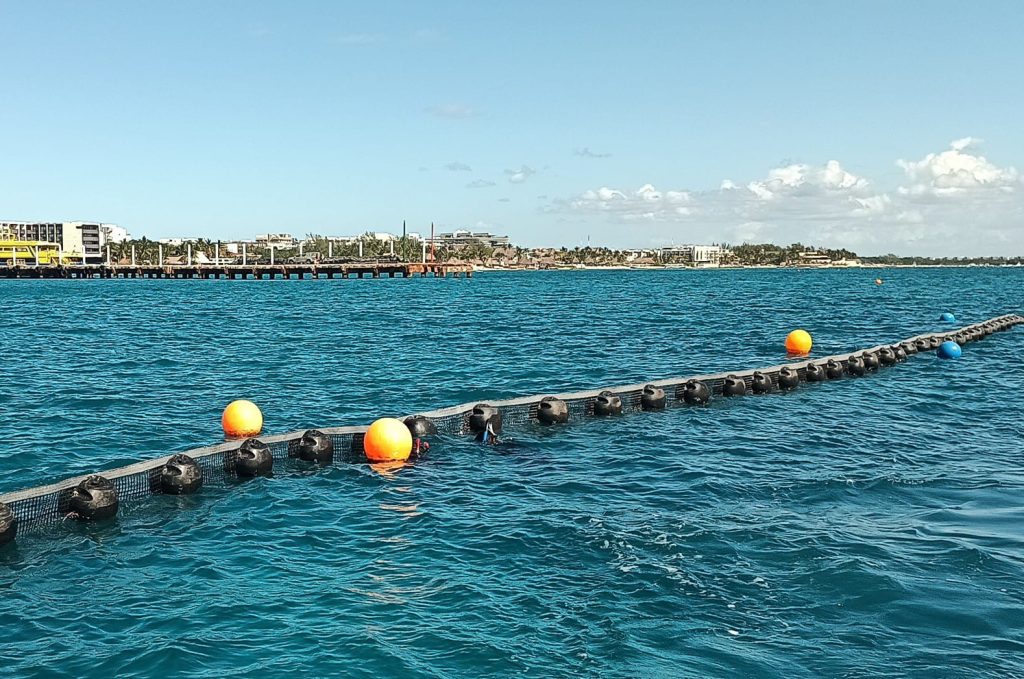 Trabajos de instalación de barreras antisargazo en Playa del Carmen, en coordinación con la SEMAR y el sector privado, previo a la temporada de mayor recale del Caribe mexicano.