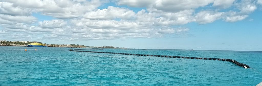 Trabajos de instalación de barreras antisargazo en Playa del Carmen, en coordinación con la SEMAR y el sector privado, previo a la temporada de mayor recale del Caribe mexicano.
