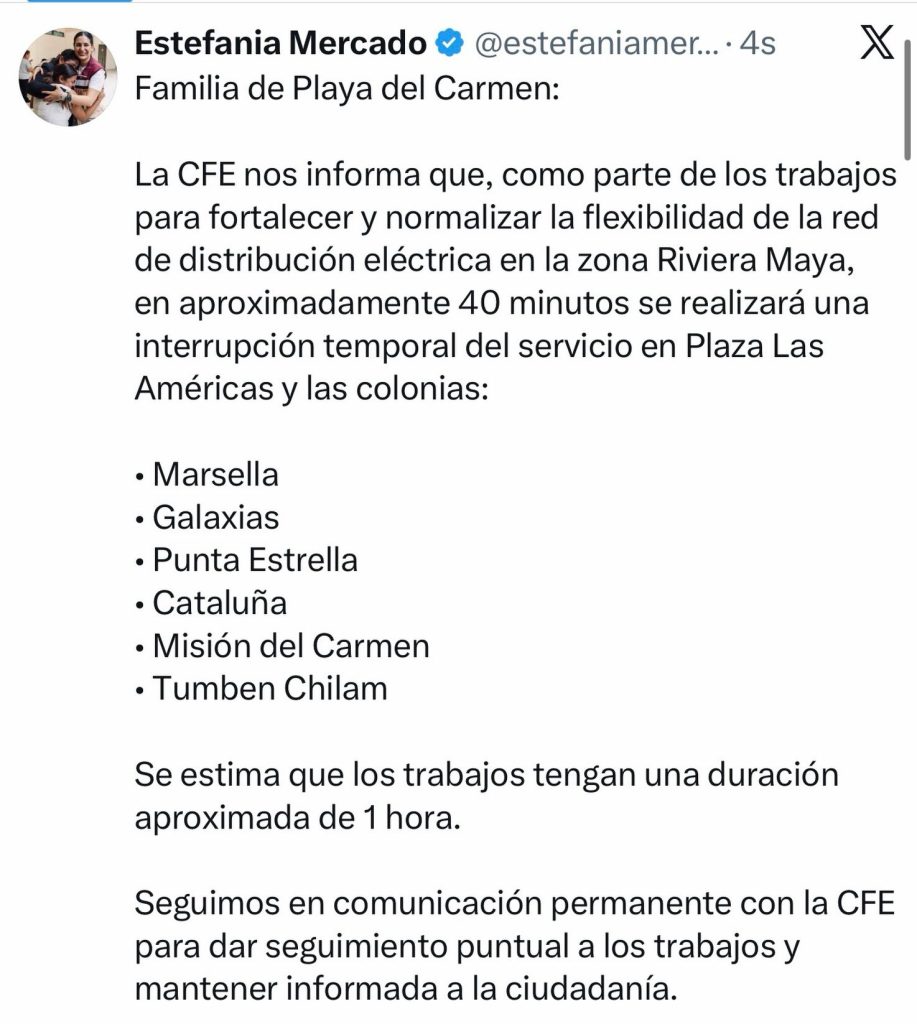 Trabajadores de la CFE realizan labores de mantenimiento en la avenida CTM durante los apagones de la CFE en Playa del Carmen.