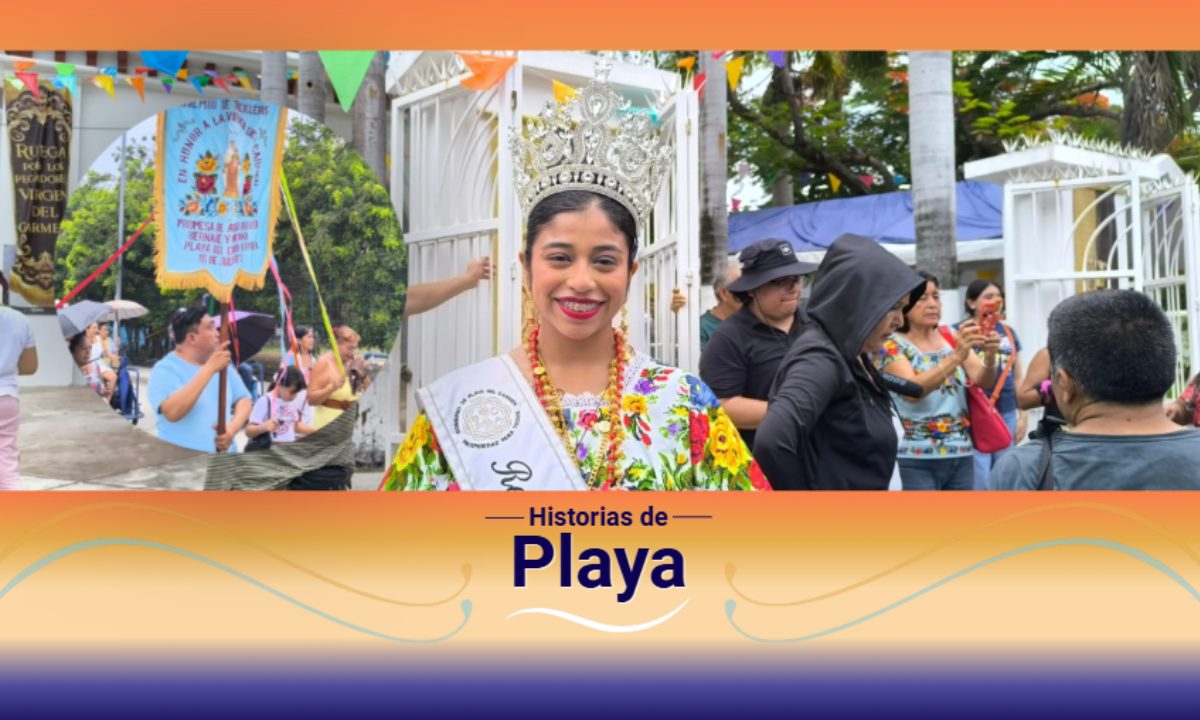 Ana Beatriz Matos, reina de la Feria del Carmen 2026, porta el tradicional terno yucateco en Playa del Carmen.