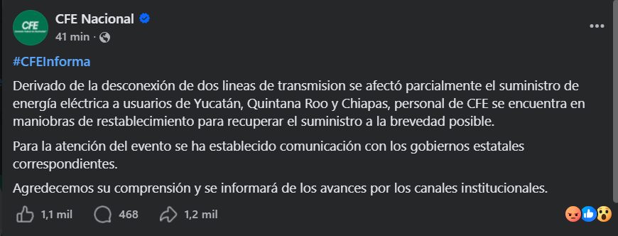 Apagón en Cancún deja sin luz a más de 15 zonas en la ciudad y en Chetumal esta noche.