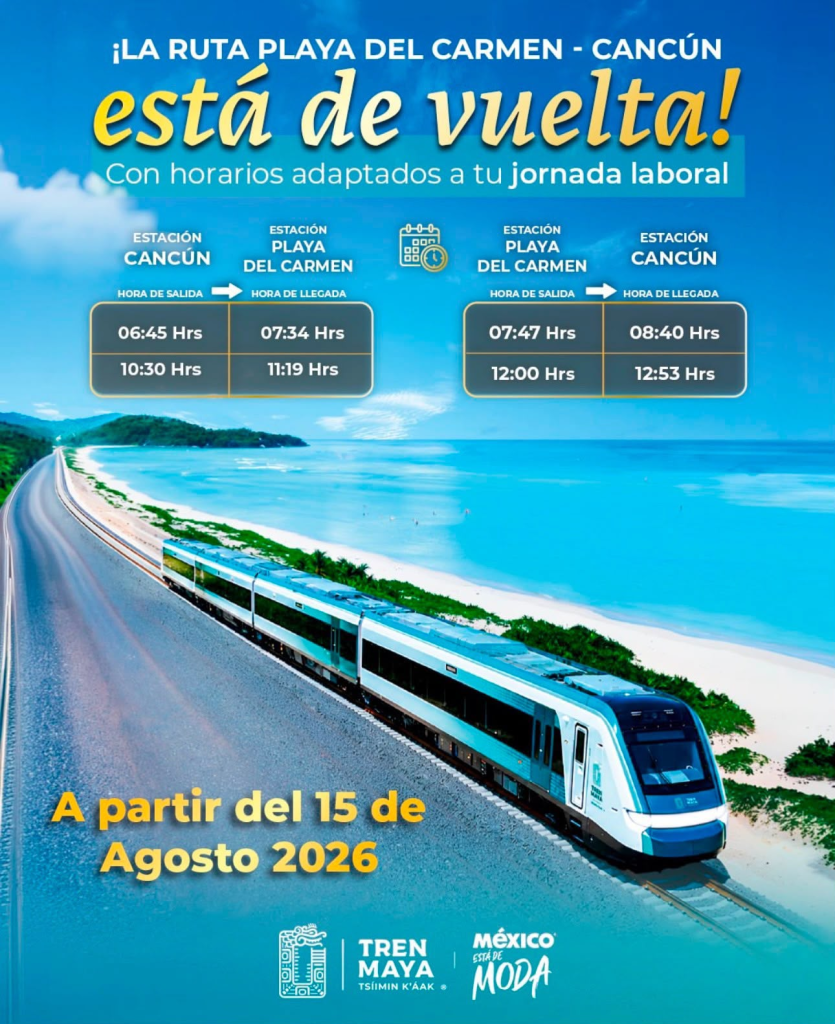 Así operará la Ruta del Tren Maya Cancún-Playa del Carmen a partir del 15 de agosto.