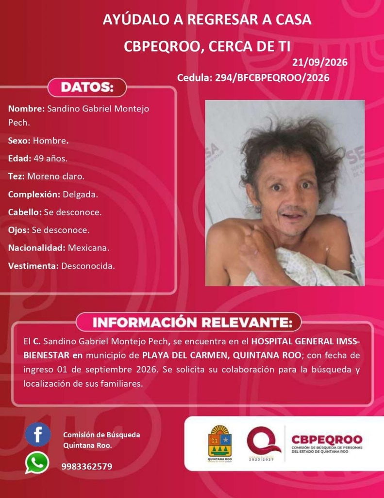 Sandino Gabriel Montejo Pech permanece hospitalizado en el IMSS-Bienestar de Playa del Carmen; buscan a sus familiares.