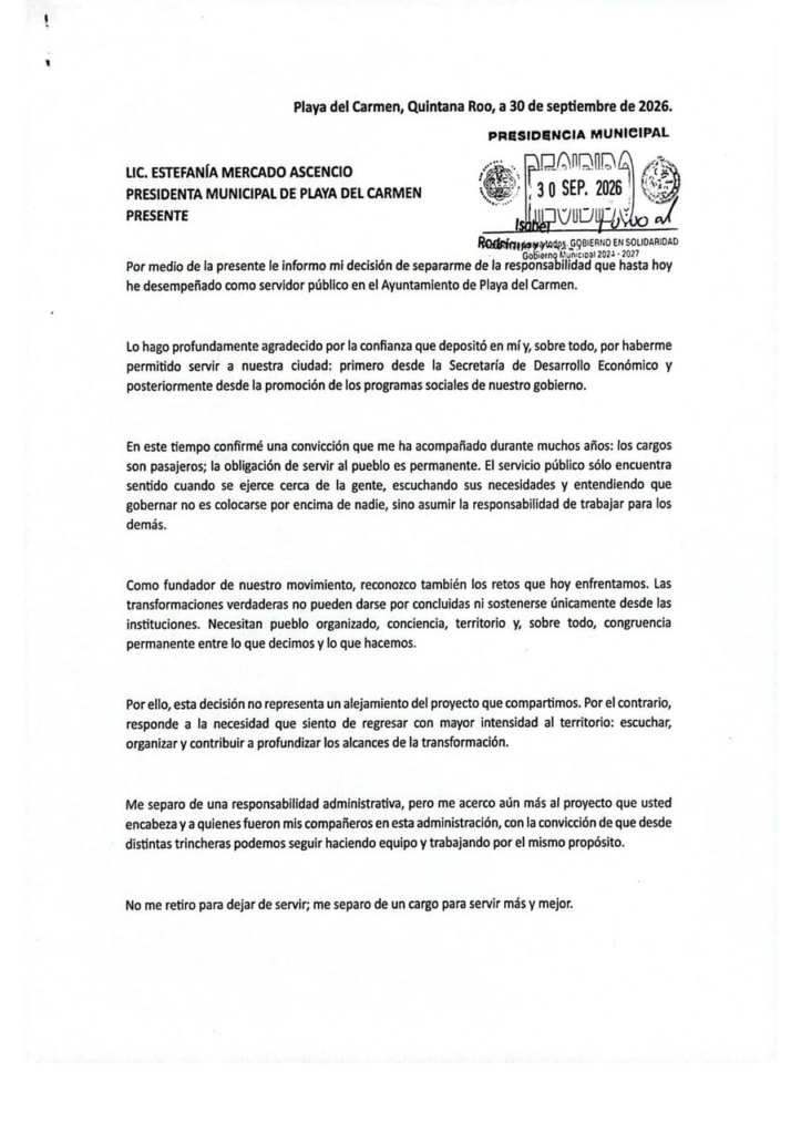 Antón Bojórquez anunció su separación del cargo en el Ayuntamiento de Playa del Carmen.